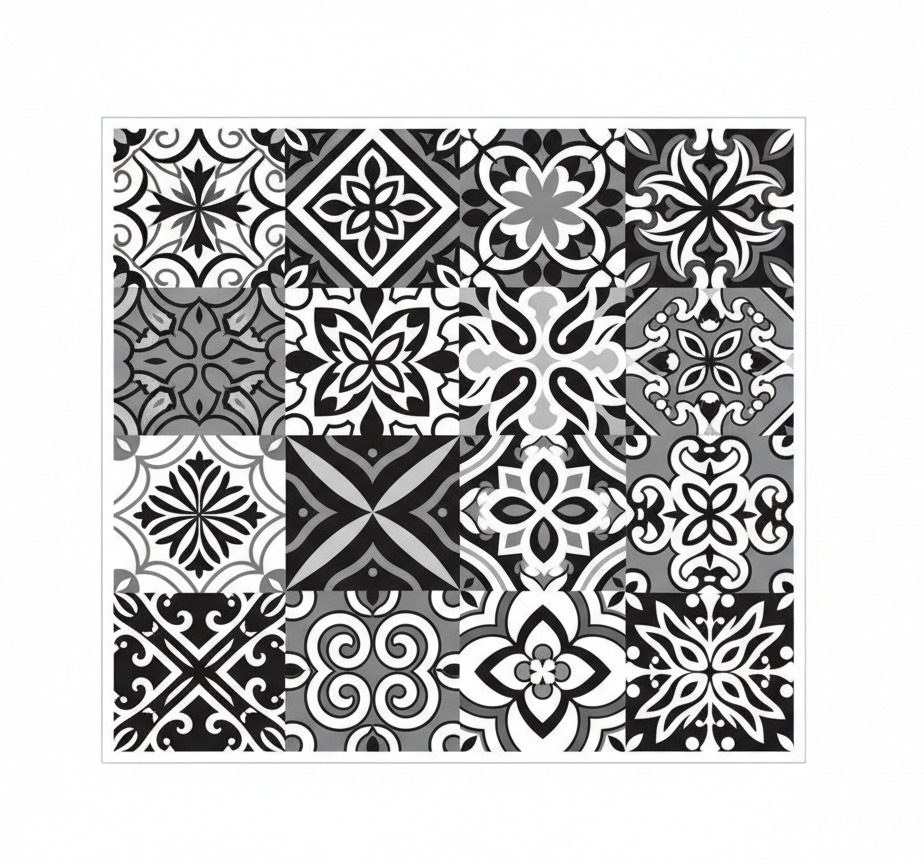 Mutfak pvc halı siyah kontrast geometrik desenler - TenStickers