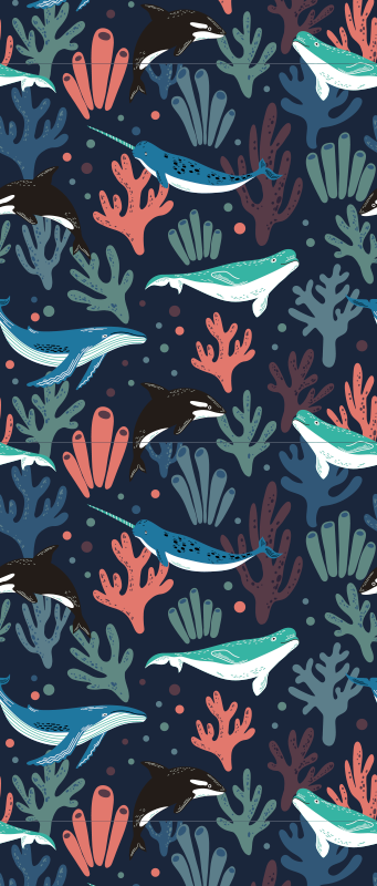 Yatak odası pvc halı canlı deniz hayvanları mavi arka planlı - TenStickers