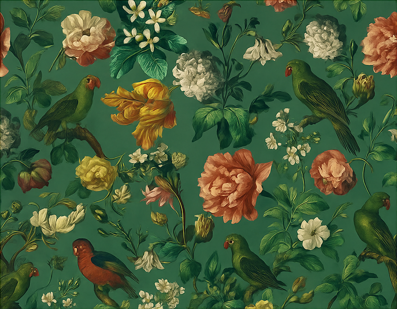 Yatak odası pvc halı koyu yeşil Çiçekler ve kuşlar deseni - TenStickers