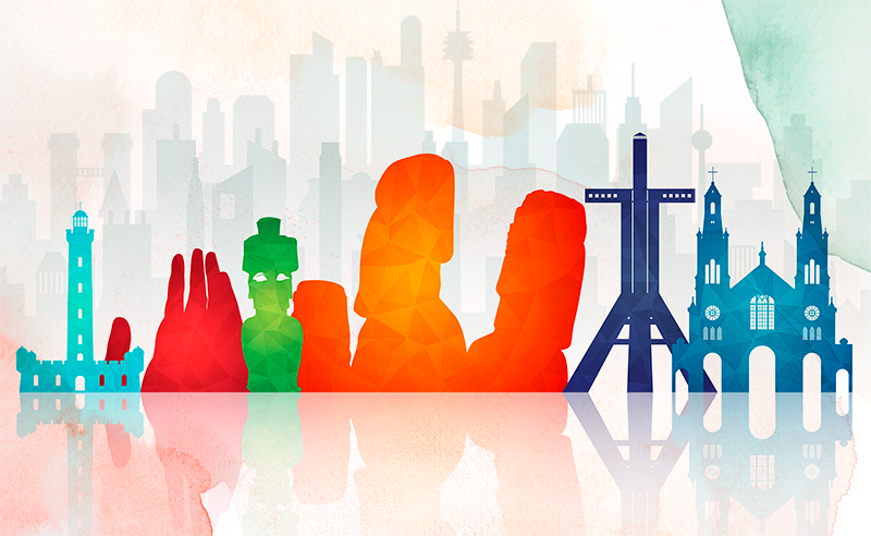 Renkli ufuk çizgisi silüetleri ofis pvc halı - TenStickers