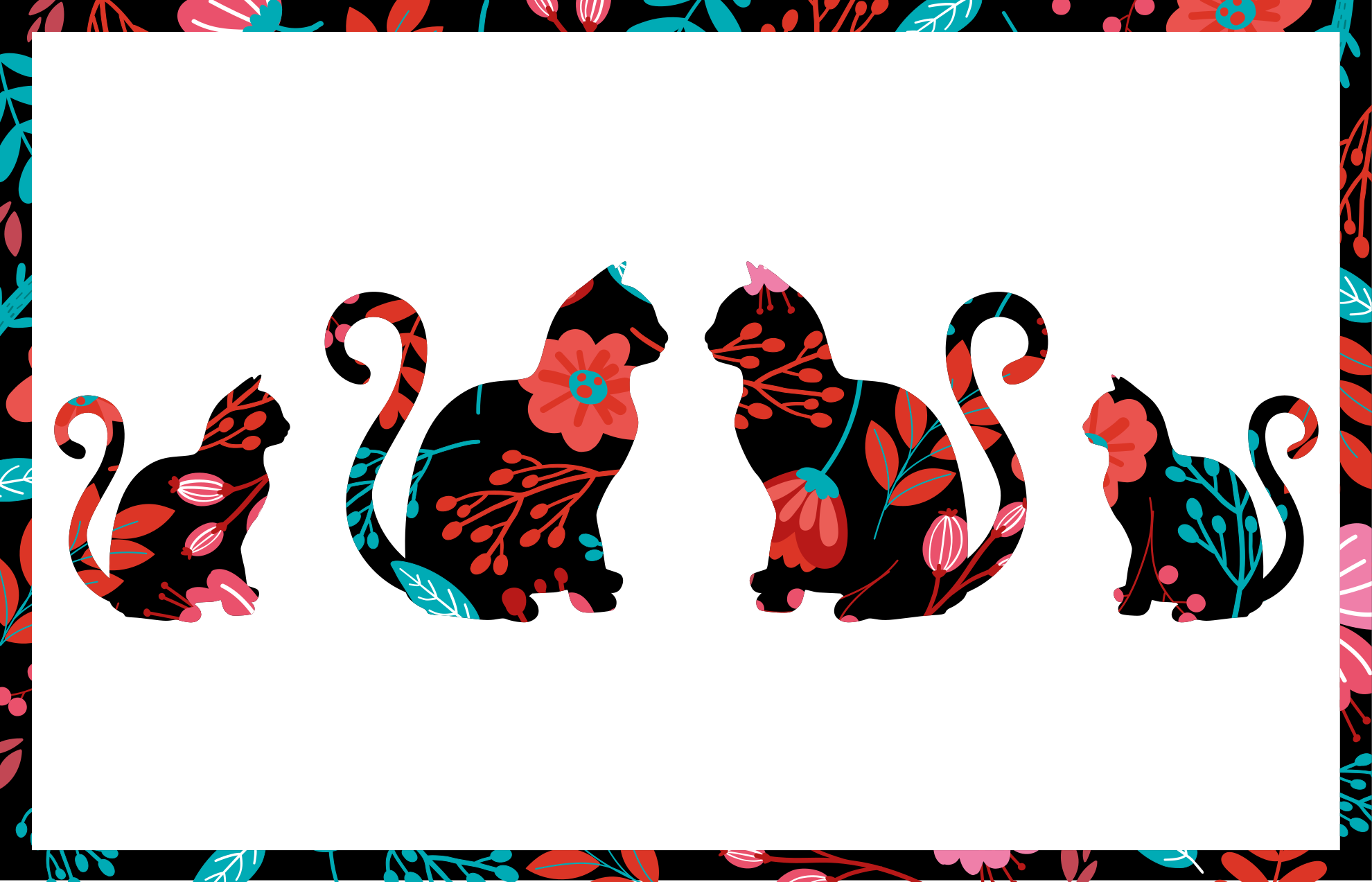 Renkli kedi silüetleri çiçekler ve bitkiler pvc halı - TenStickers