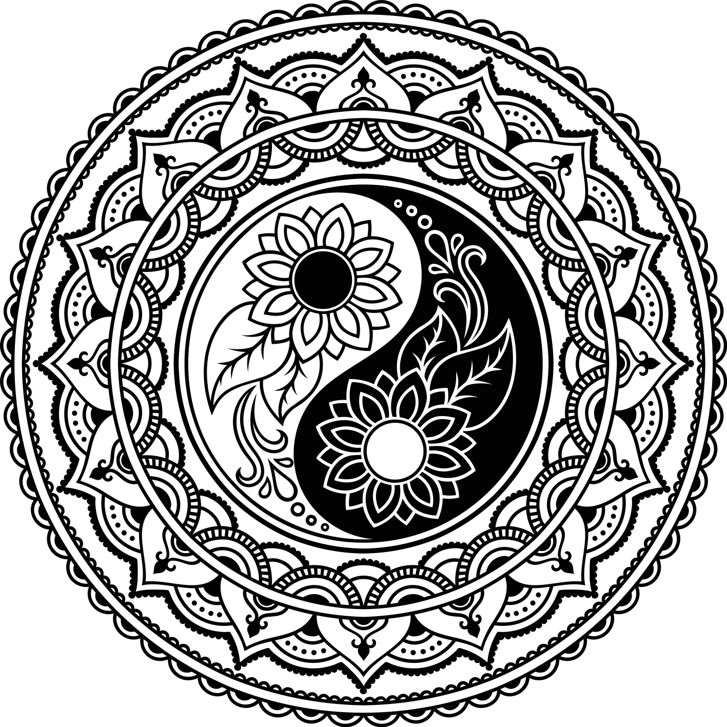 Siyah beyaz ying ve yang mandala vinil halı - TenStickers