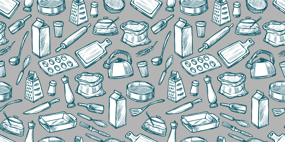 Gri arka plan mutfak yer karoları üzerinde mutfak eşyaları - TenStickers