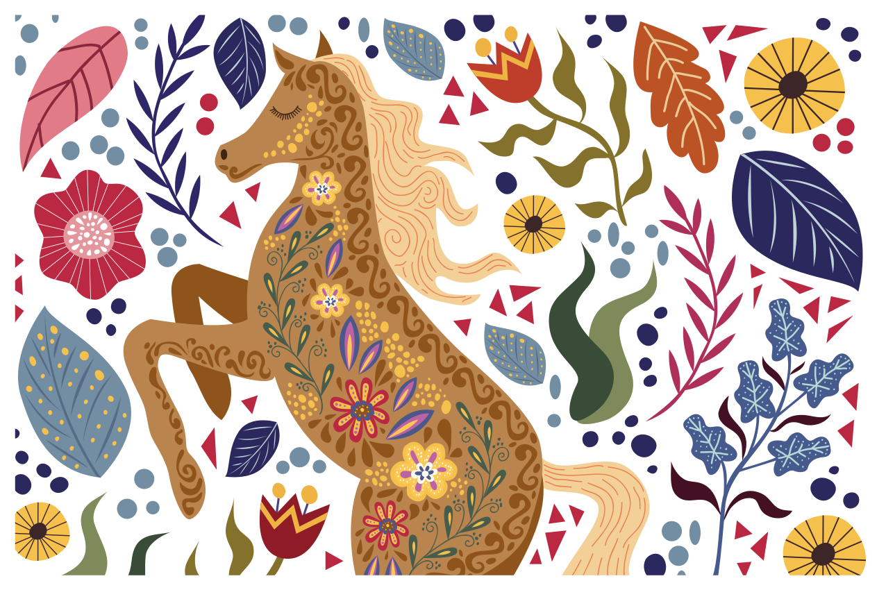 Vahşi at folklor illüstrasyon çiçek halı - TenStickers