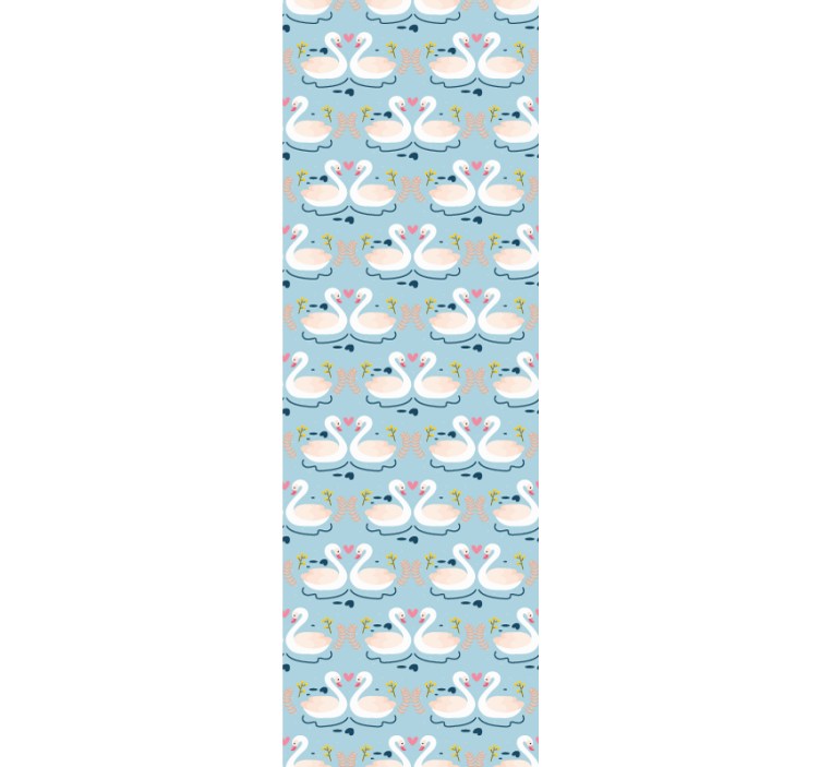 Mavi yaprak duvar kağıdı üzerinde aşk desenli kuğular - TenStickers