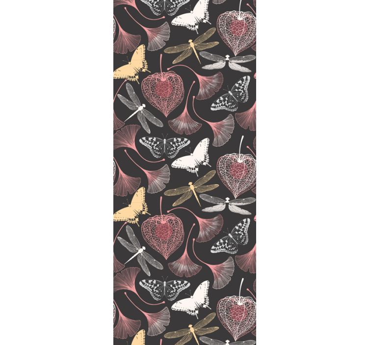 Pembe yapraklar siyah kelebek deseni duvar kağıdı - TenStickers