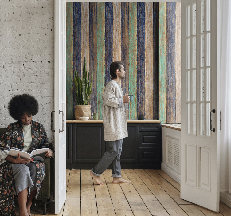 Mavi ve kahverengi laminat ahşap efektli duvar kağıdı - TenStickers