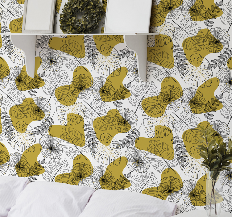 Altın tropikal yapraklar ağaç duvar kağıdı - TenStickers