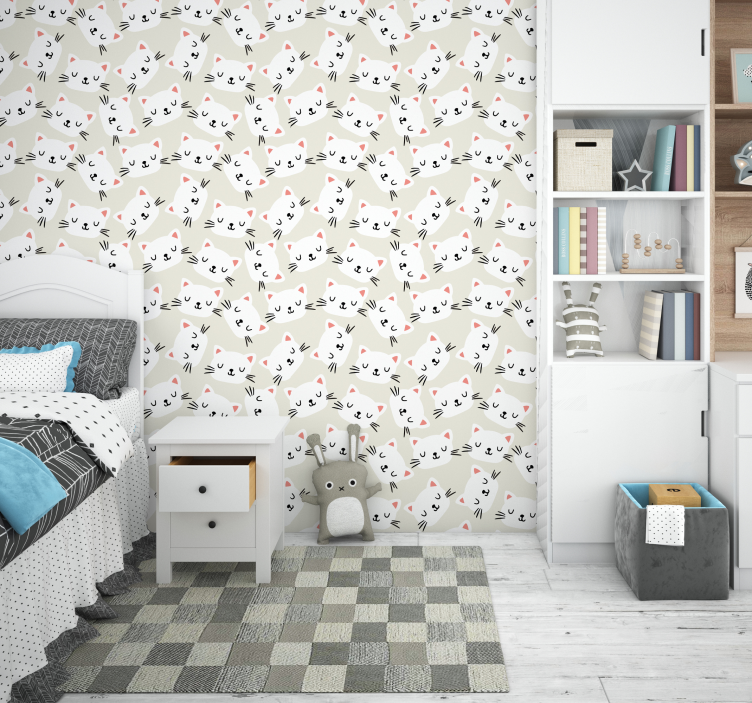 Beyaz kedi yüzü çizimi çocuk odası duvar kağıdı - TenStickers