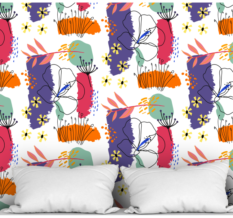 Botanik kroki desen çiçek desenli duvar kağıdı - TenStickers