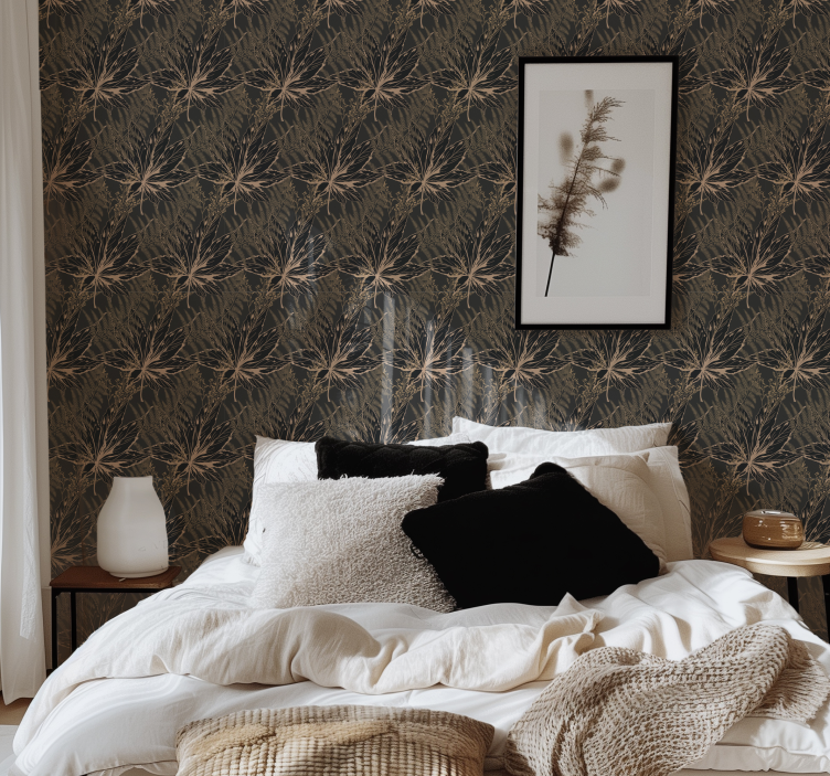 Büyük altın yapraklar siyah duvar kağıdı - TenStickers