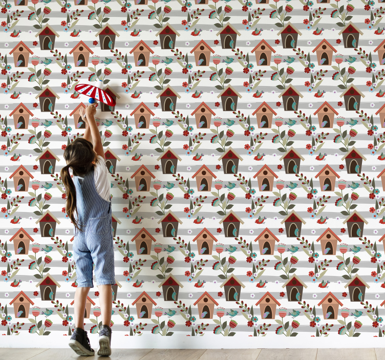 Büyüleyici kuş evleri deseni çiçek süs duvar kağıdı - TenStickers