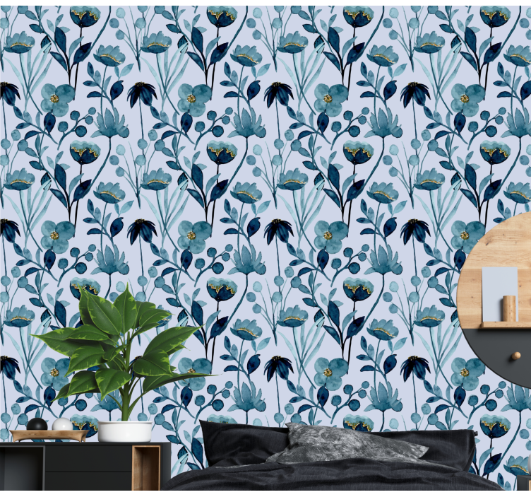 Suluboya mavi desen çiçek duvar kağıdı - TenStickers