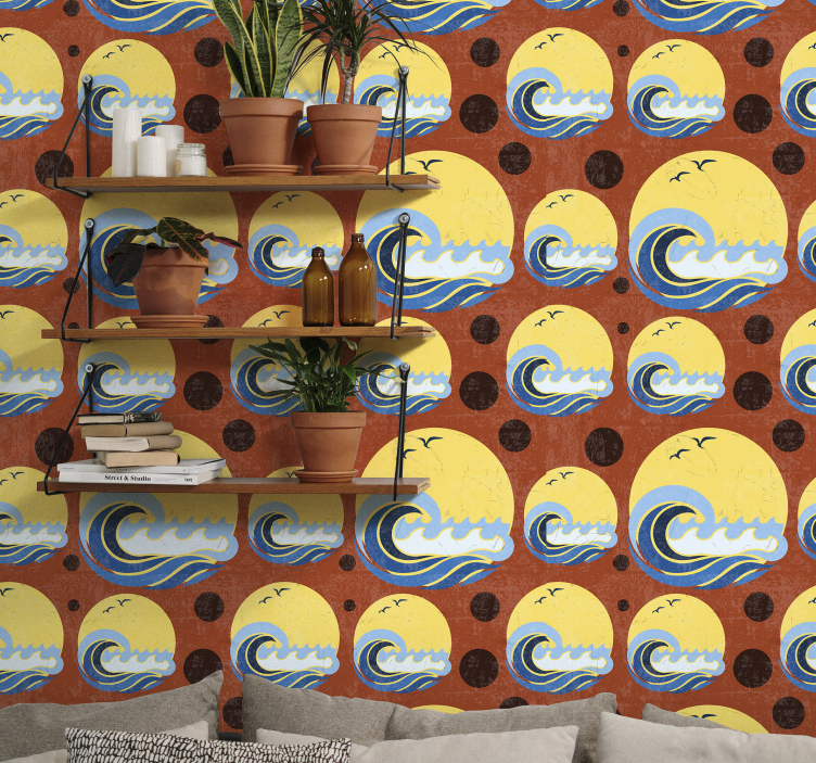 Güneş, plaj ve dalga geometrik şekil duvar kağıdı - TenStickers