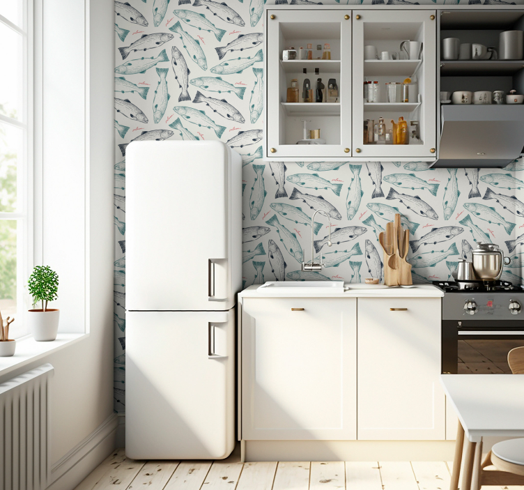 Handdrawn somon balığı desen hayvan duvar kağıdı - TenStickers