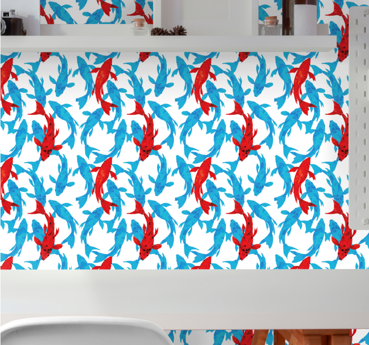 Kırmızı vurgulu duvar kağıdı ile balık sürüsü - TenStickers