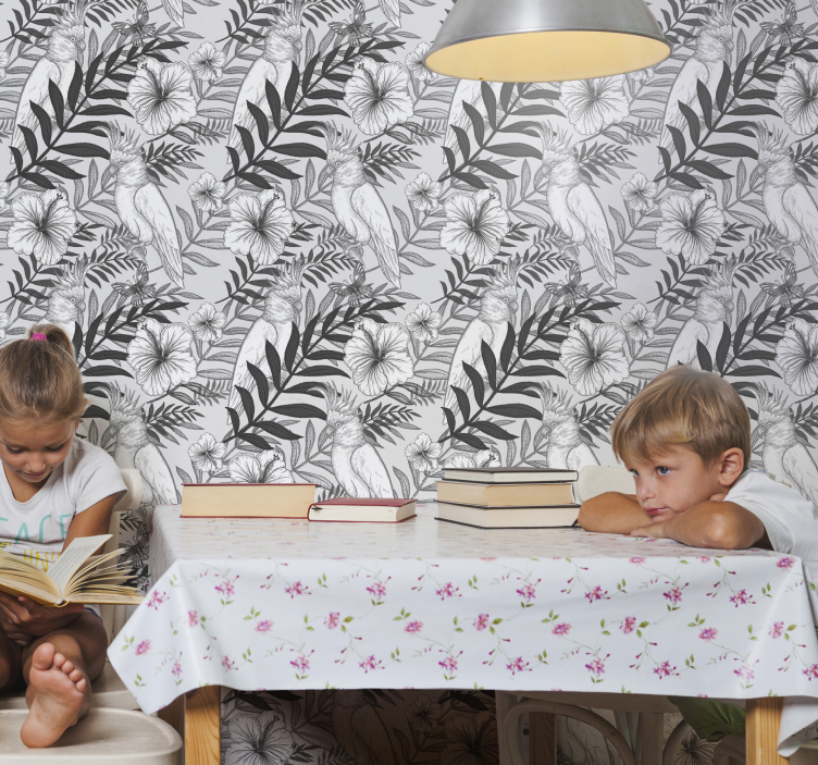 Papağanlar ve çiçekler yemek odası duvar kağıdı - TenStickers