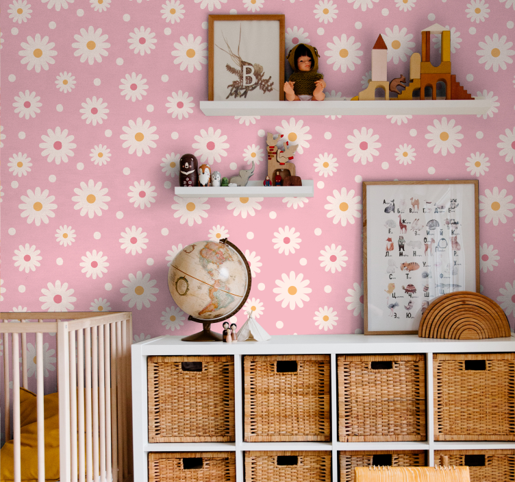 Pembe arka plan duvar kağıdı ile vintage papatyalar - TenStickers