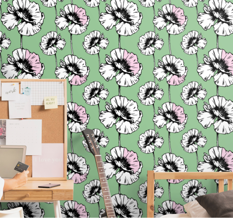 Pembe ve beyaz gelincikler çiçek desenli duvar kağıdı - TenStickers