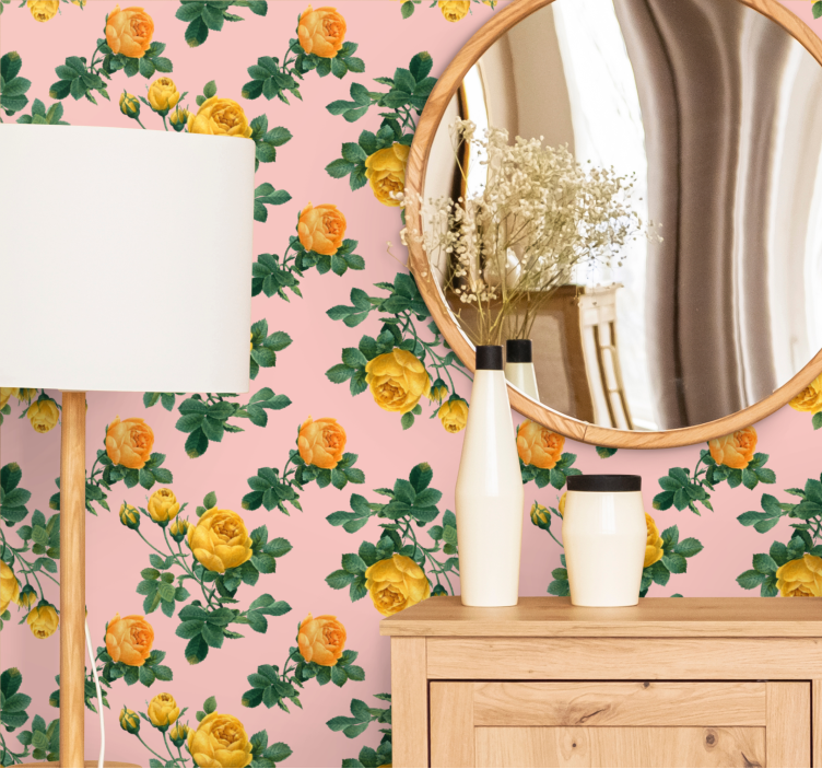 Sarı güller ve yeşil yapraklar çiçekli duvar kağıdı - TenStickers