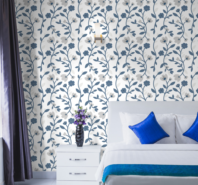 Soyut çiçekler mavi ve gri çiçek duvar kağıdı - TenStickers