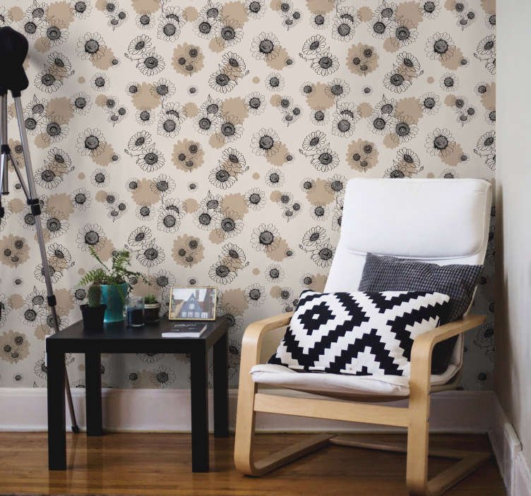 Bej duvar kağıdı el çizim vintage papatyalar - TenStickers