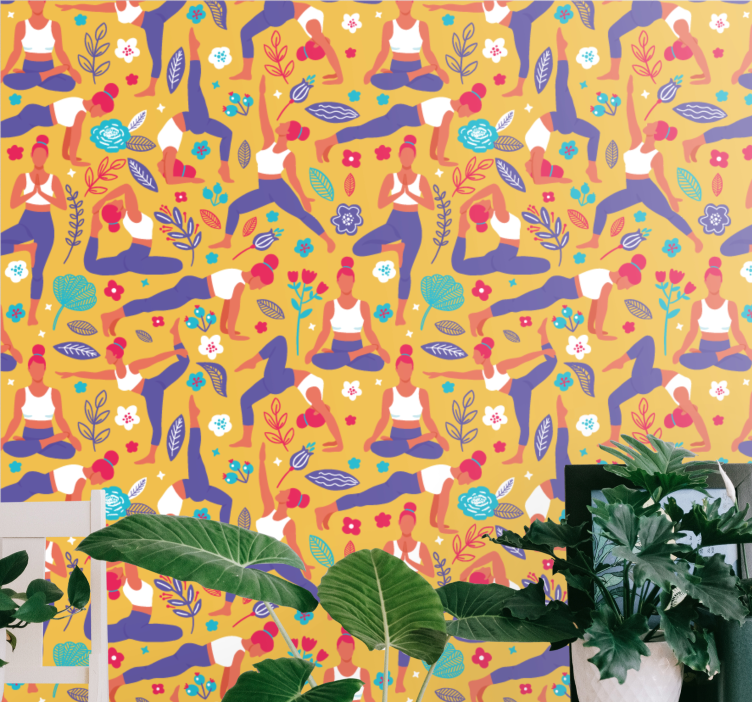 Yoga pozları deseni sanat duvar kağıdı - TenStickers